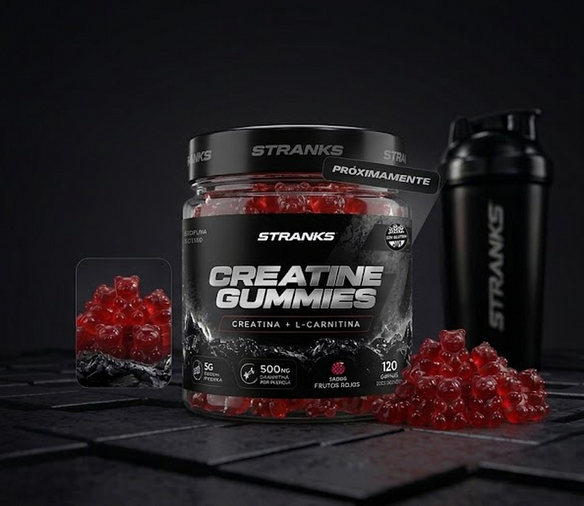 Frasco de STRANKS Creatine Gummies con gomitas de oso rojas, sello sin gluten y cartel de próximamente, junto a un shaker