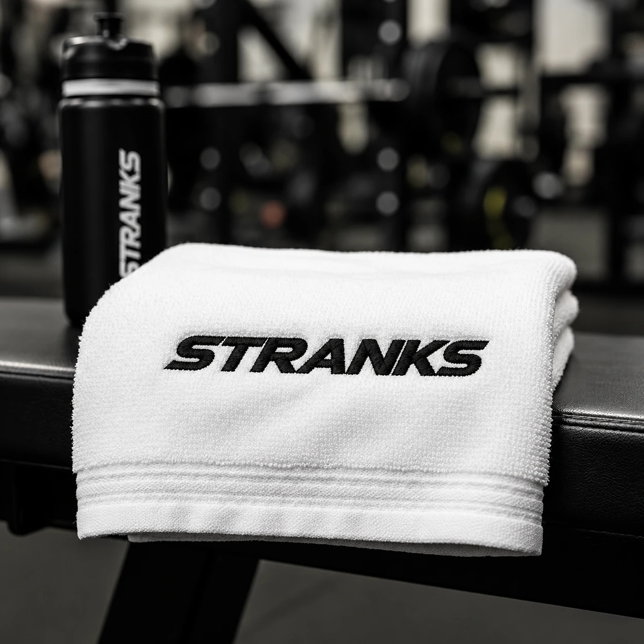Toalla blanca con STRANKS bordado, sobre un banco de gimnasio junto a una botella STRANKS